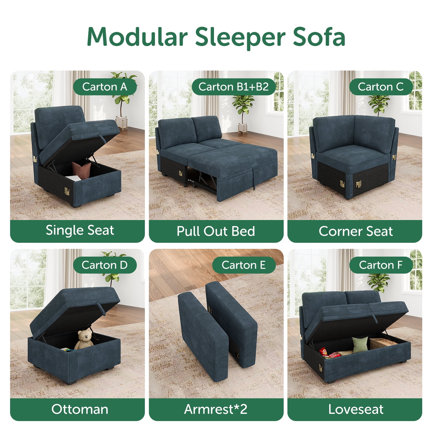 HONBAY Pair of Armrests for Modular Sectional Sleeper Sofa, Corduroy Blue