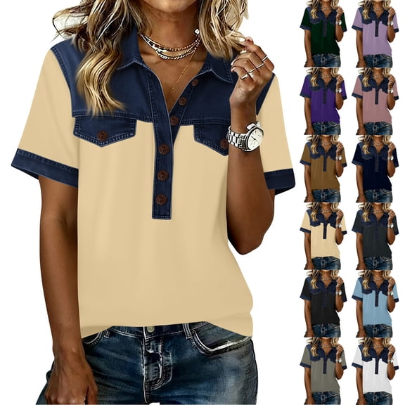 Inglocry Denim Collar Short Sleeve Shirts for Womens Button Up V Neck Tops Casual Streetwear Patch Work Tees Dark Green L