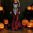 thumbnail image 2 of Xijirk Women Halloween Skull Rose Embroidered Maxi Dress Long Sleeve Round Neck Velvet Trailing Hem Outfit for Cosplay Party Festival Casual Gathering Wear,XL, 2 of 4