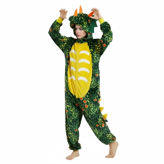 Tnhcen Women's Dinosaur Hooded Onesie Pajamas, 100% Polyester Flannel Halloween Costume, Cute Animal Print Kigurumi Sleepsuit, Long Sleeve Pajamas, Sizes S-XL