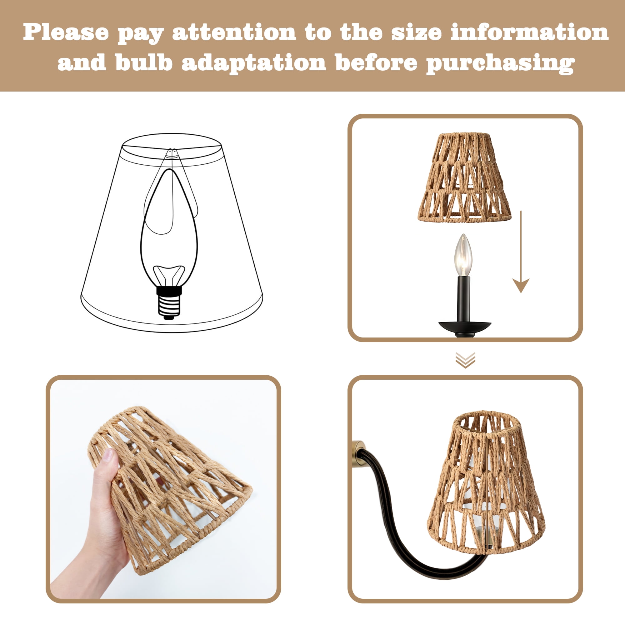 Set of 6 Boho Clip On Chandelier Shades, Mini Handwoven Rattan Style for E12 Bulbs, Natural Hemp Rope for Wall Sconce & Table Lamps