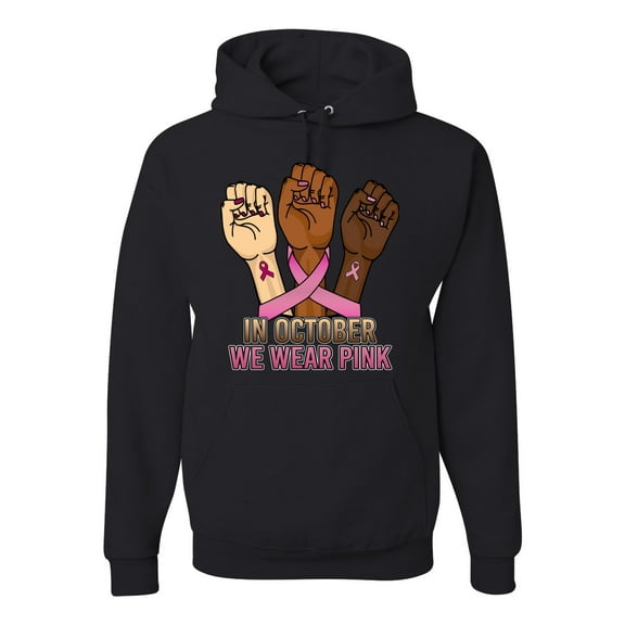 Wild Bobby In October We Wear Pink Protest Fists Breast Cancer Awareness Unisex Hoodie Sweatshirt, Black, Small
