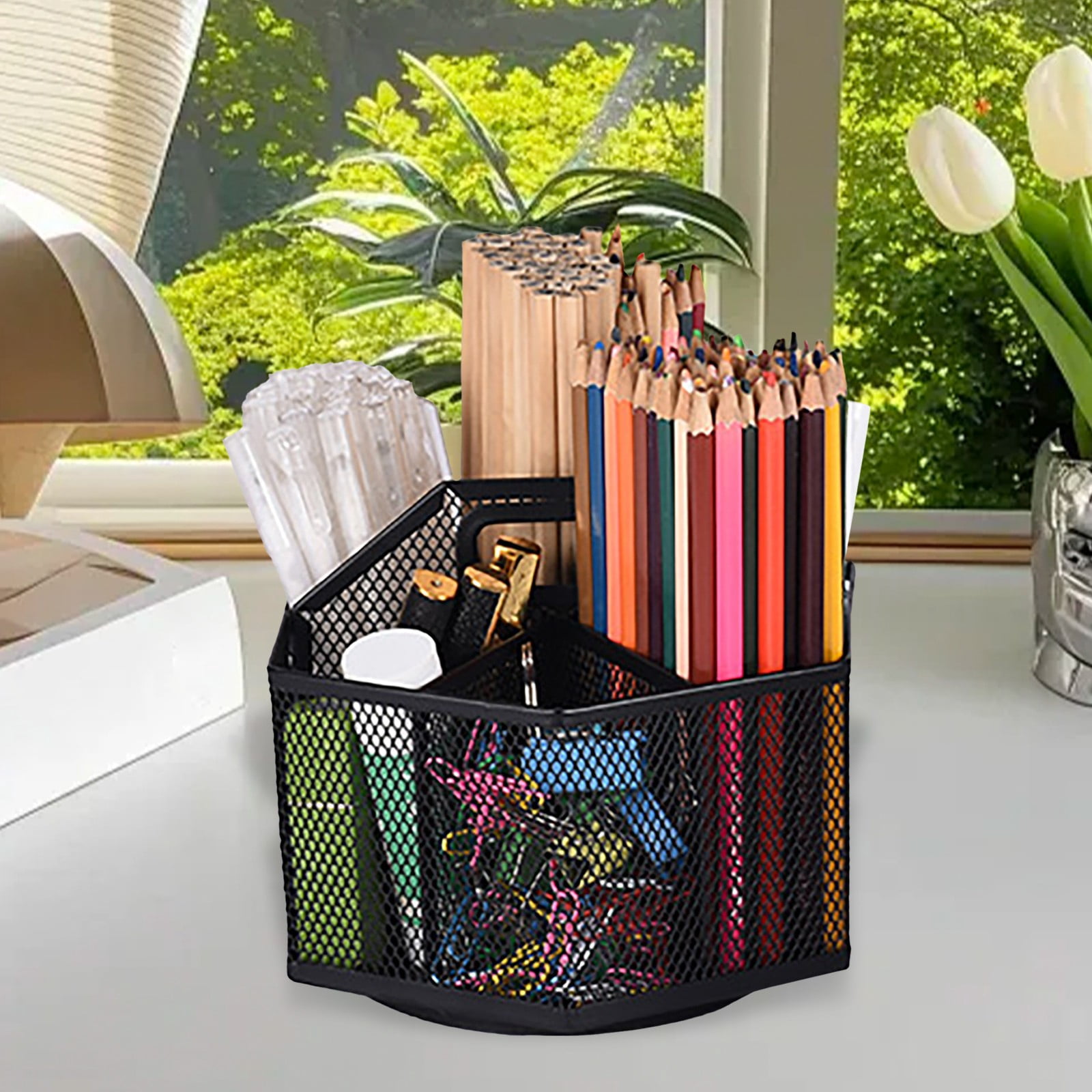 Pencil Holder with Handle, Rotating Desk Organizer, Mesh Desk Organizer Rotate with 6 Compartments – Metal Pen Organizer, Office Desk Accessories, 1 Pcs, 7.09x5.51"(Black)
