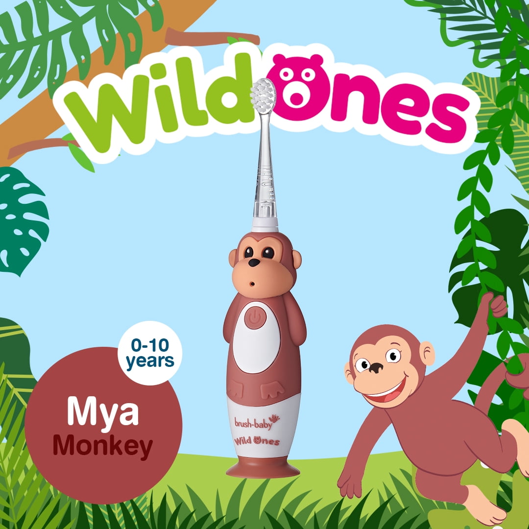 Brush-Baby WildOnes Monkey Kids Electric Rechargeable Toothbrush, Soft Bristle, 3 Brush Heads, USB Cable