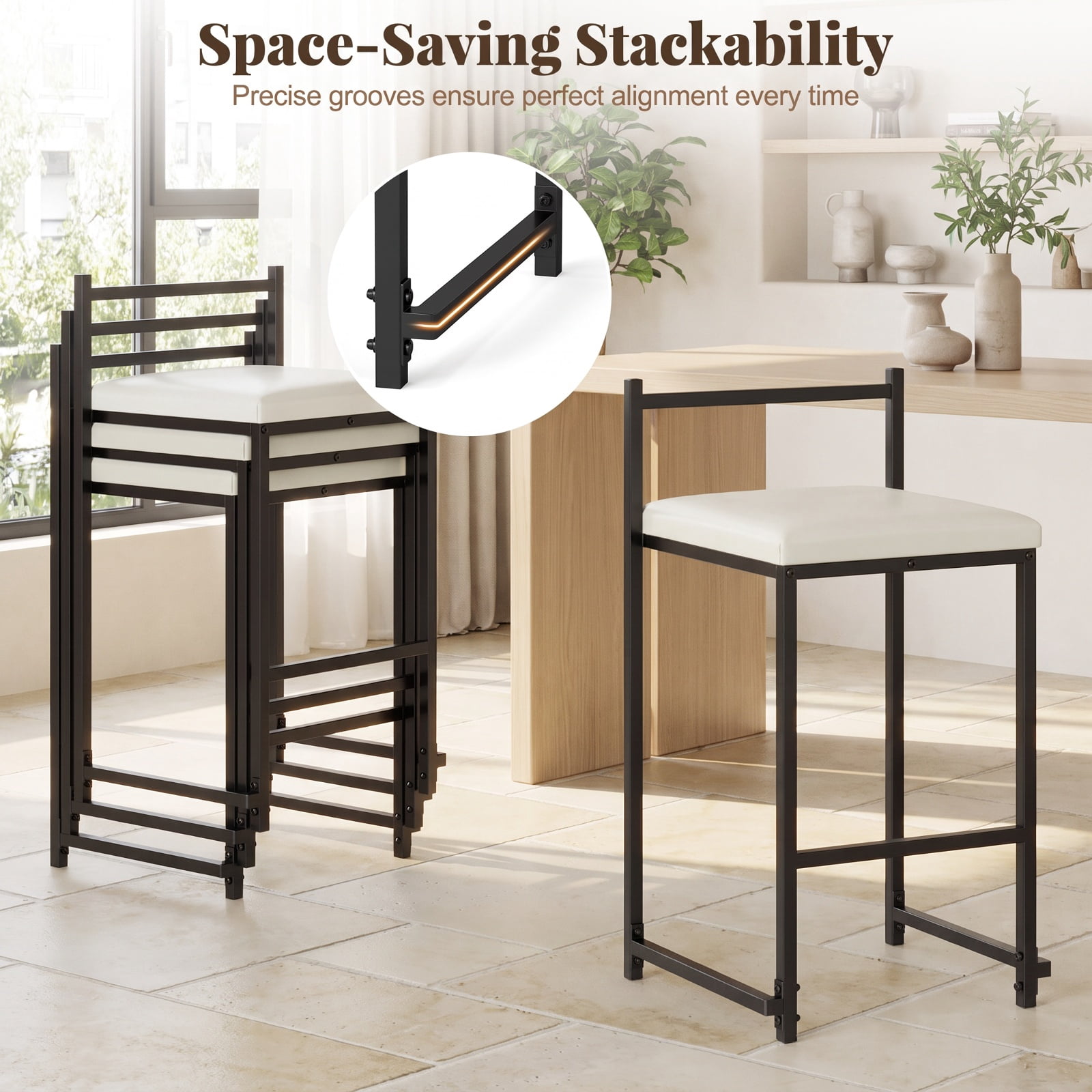 Furnibear Set of 2 Stackable Counter Height Bar Stools PU Leather Upholstered with Footrest for Kitchen Island Counter Bar Pub Dining Home, Black