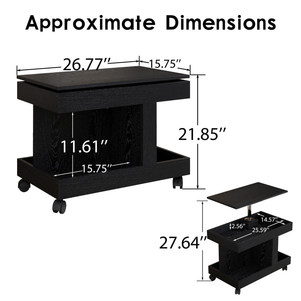 Small Coffee Table with Wheels, 360° Rotating Lift-Top Desktop, Rolling End Table with Storage Shelf, Mobile Bedside Table for Living Room & Bedroom, Black