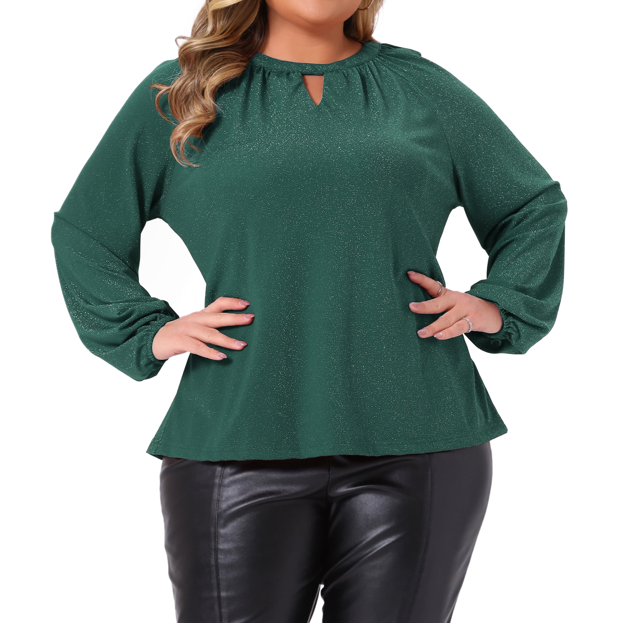 DARING DIVA Women's Plus Glitter Keyhole V Neck Blouses 4X Green