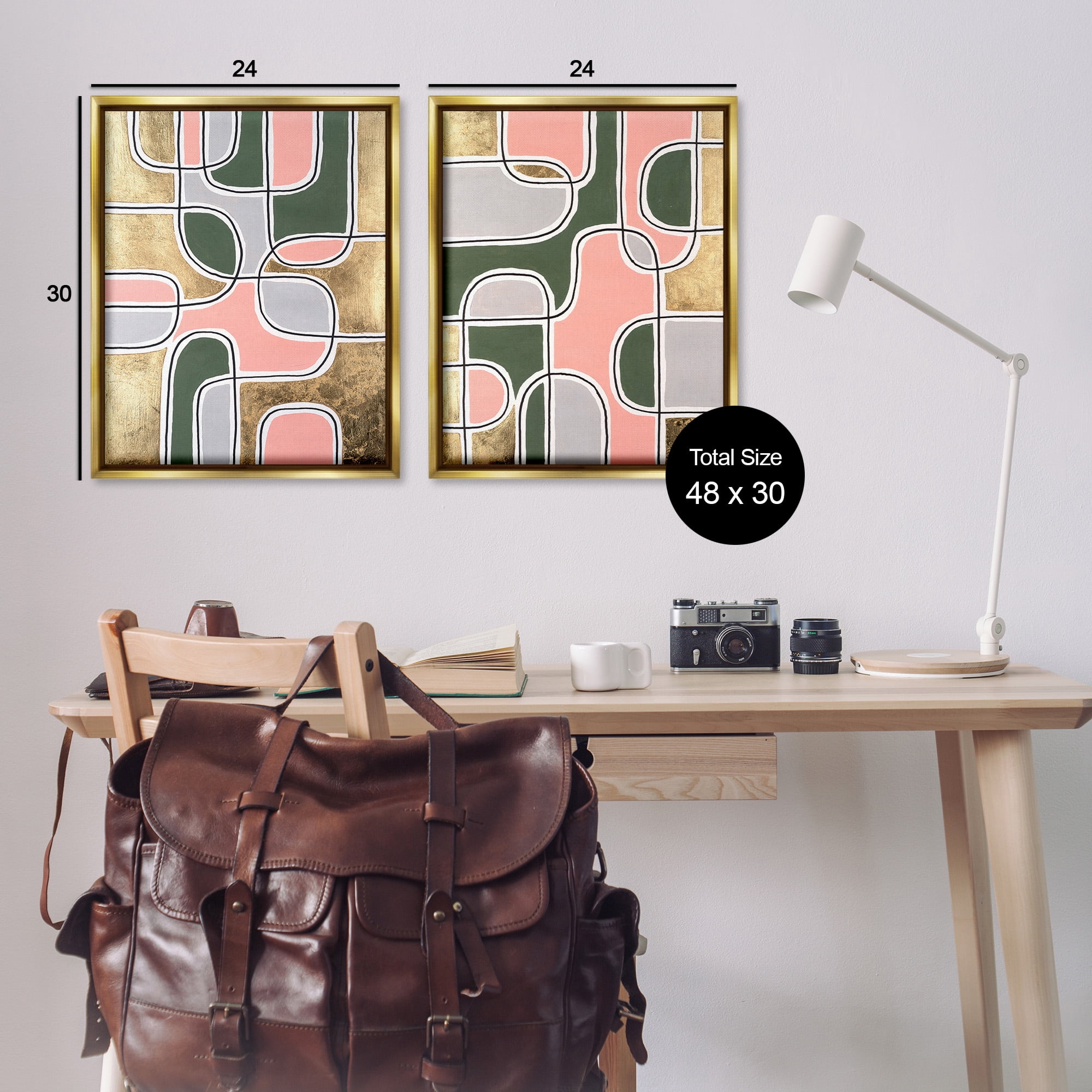 Stupell Industries Overlapping Shapes on Glam Abstract Painting Gold Floater Framed Canvas Art Print Wall Art, 25 x 31, Set of 2