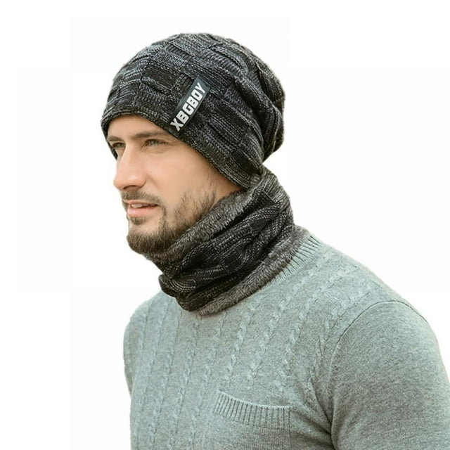 Chapeau et Écharpe d'Hiver pour Hommes Ensemble Bonnet Molleton Doublé Tête de Mort Chaud en Tricot Cou Réchauffe