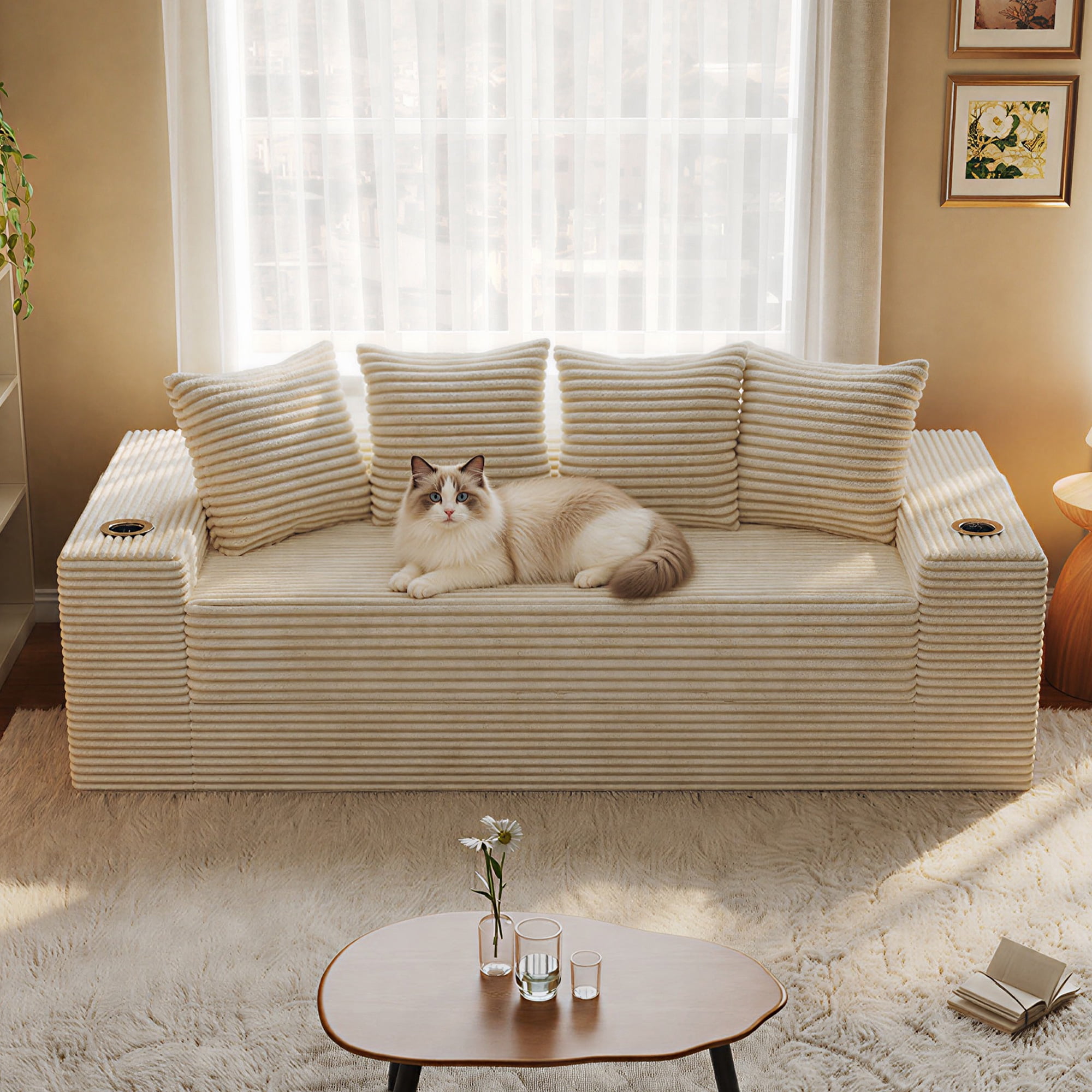 GARITIN Frameless Teddy Couch Bed 77 Inch, Boneless Corduroy Convertible Sofa with Cup Holders and Side Storage for Living Room, Cream