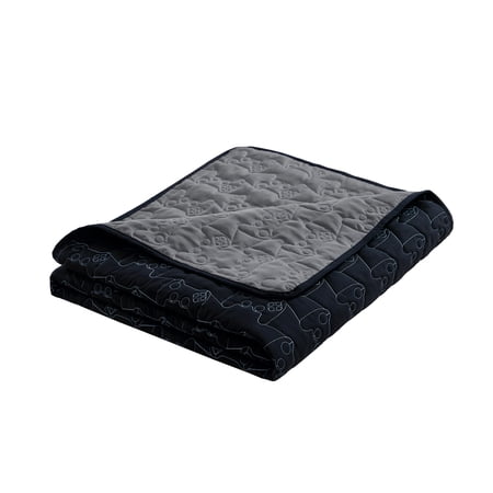 YOUR ZONE KIDS BLACK AND GRAY REVERSIBLE QUILT SET WITH GRAY SHEETS, GAMER, FULL, 7 PIECE, MICROFIBER POLYESTER