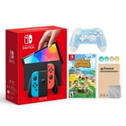 Nintendo Switch OLED Model Neon Red & Blue Joy Con 64GB Console HD Screen & LAN-Port Dock with Animal Crossing: New Horizons And Mytrix Wireless Switch Pro Controller and Accessories