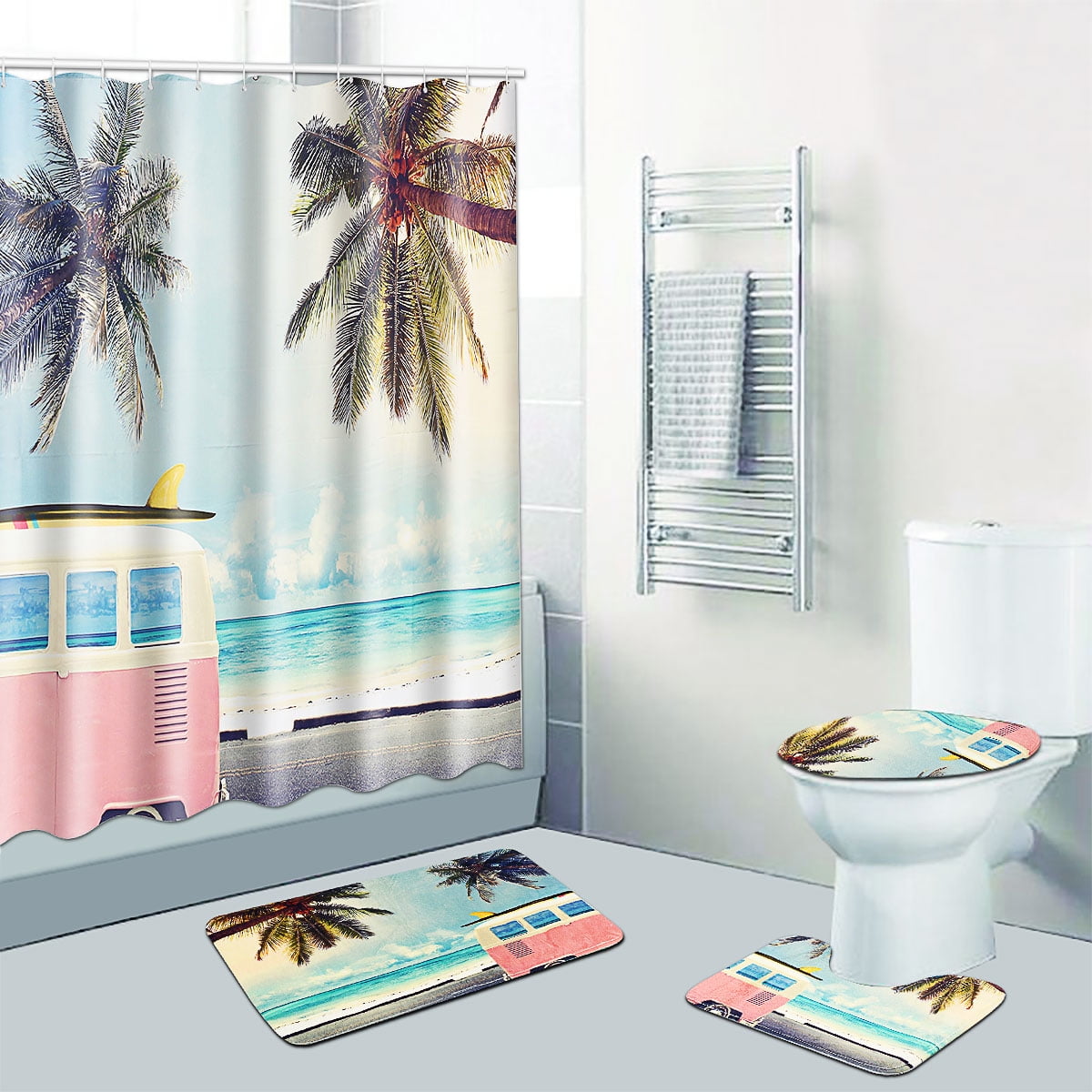 Beach Ocean Shower Curtain Set Non-slip Bath Mat Pedestal Toilet Cover Lid Rug