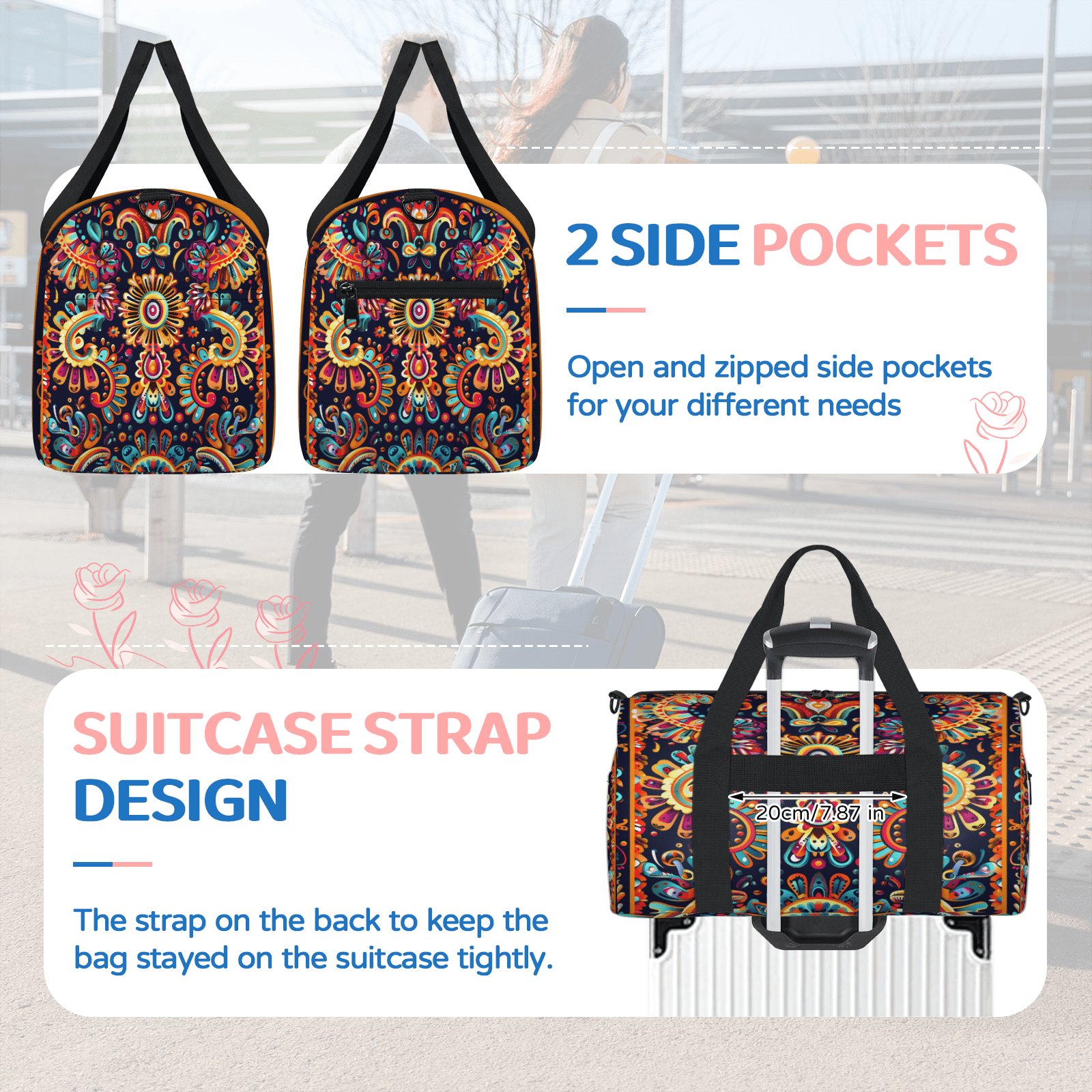 Herdesigns Mexica Flower Floral Gym Bag for Women, Duffle Bag for Travel Sport, Lightweight Waterproof Carry on Weekender Overnight Dance Yoga Workout Bags
