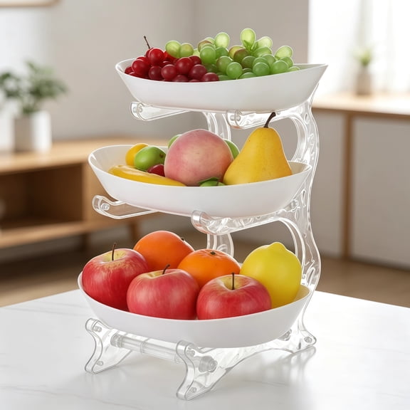 3-Tier Fruit Bowl Stand with 3 Removable Oval Dishes, Large Capacity Multi-layer Snacks Storage Rack, Heavy Duty Transparent PET & PP Organizer for Kitchen, Living Room, Desktop
