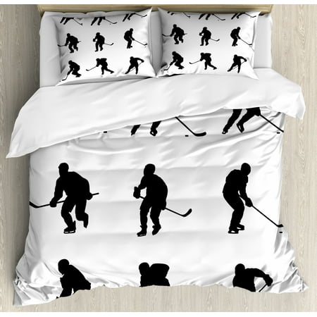 Hockey Duvet Cover Set Pattern With Player Silhouettes In Black