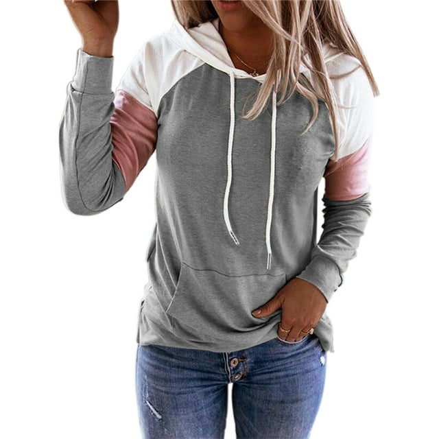 MAWCLOS Ladies T-shirt Color Block Sweatshirt Long Sleeve Pullover Loose Fit Work Hooded Neck Hoodies Light Gray M
