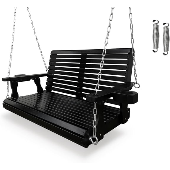Wooden Porch Swing 2-Seater, High Backrest and Deep Seat, Swing with Cupholders, Hanging Chains and 7mm Springs, Heavy Duty 880 LBS, for Outdoor Patio Garden (Carbon Black - 4 FT Extra Large)