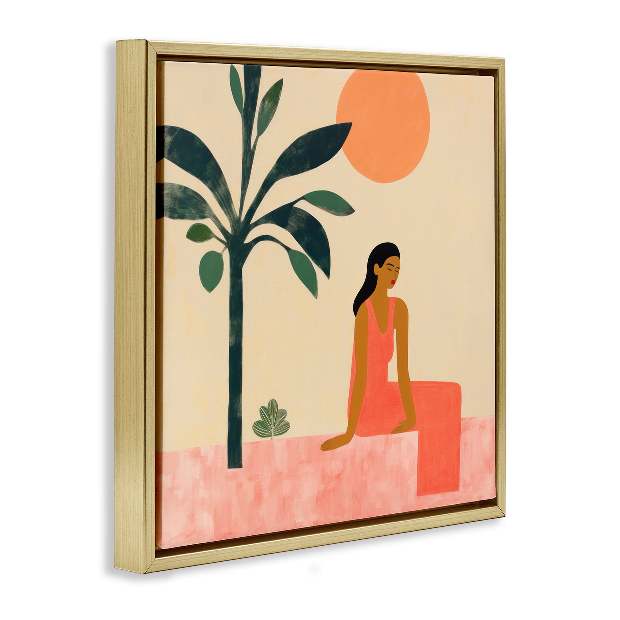 Stupell Industries Tropical Scene & Woman People Painting Gold Floater Framed Canvas Art Print Wall Art, 25 x 25
