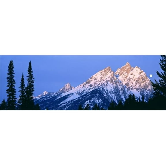 Full Moon Sets Behind The Cathedral Group Teton Range Grand Teton National Park Wyoming USA Poster Print, 27 x 9