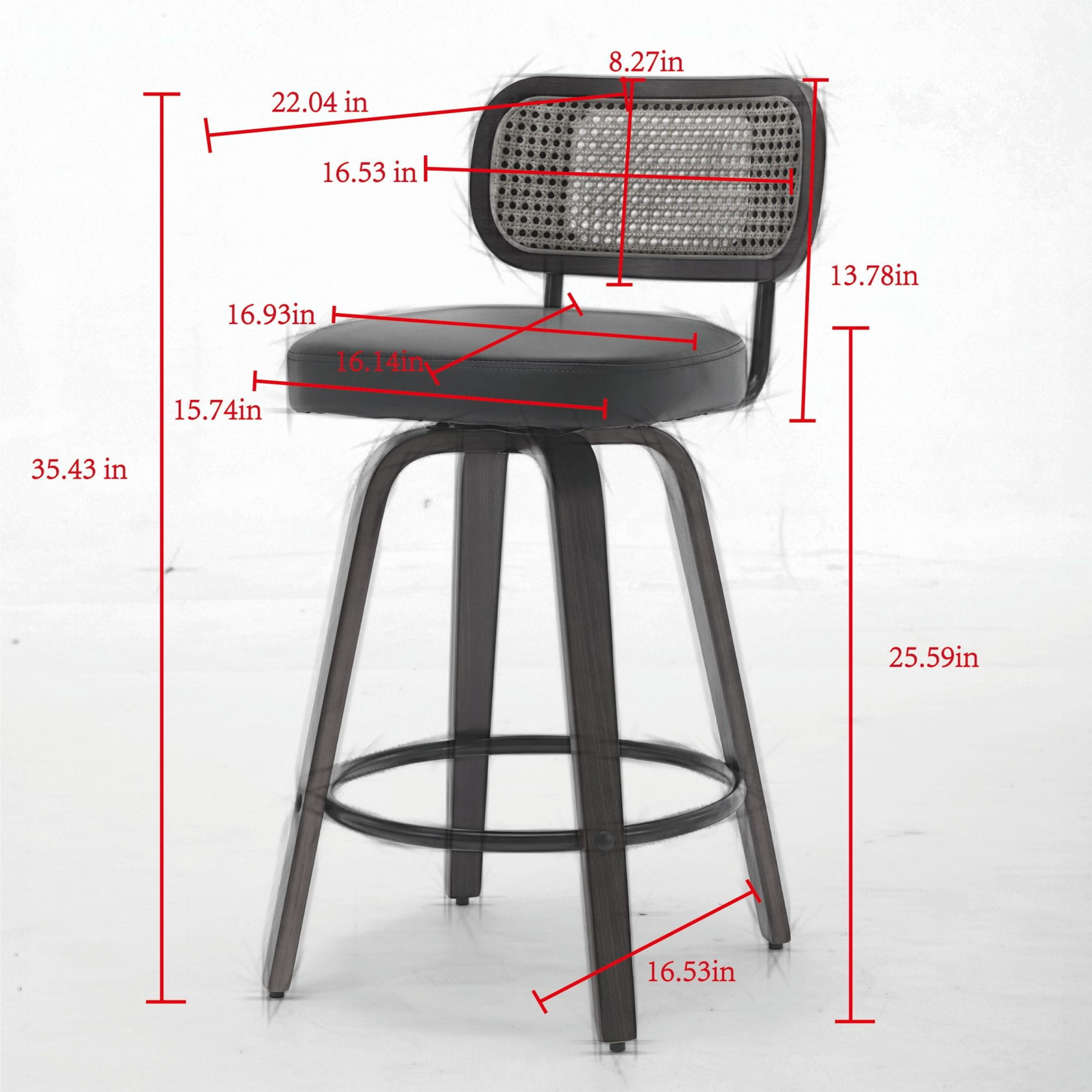 Noble House Set of 3 Counter Height Bar Stools, Cane Back, PU Seat, Walnut + Black
