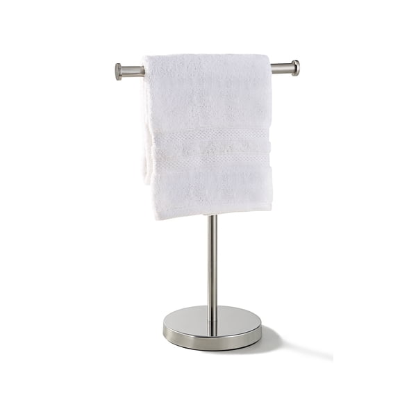 SunnyPoint Elite Heavy Weighted Hand Towel Stand – Stainless Steel Countertop Rack with Jewelry Holder, Satin Nickel Finish, 16.5” Tall