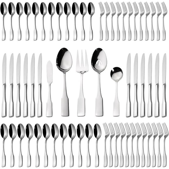 Kate 65-Piece Silverware With Utensil-Serving Set, Service for 12, Stainless Steel Flatware, Mirror Polished Cutlery, Dishwasher Safe