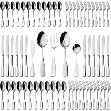 

65-Piece Silverware With Utensil-Serving Set Service for 12 Stainless Steel Flatware Mirror Polished Cutlery Dishwasher Safe