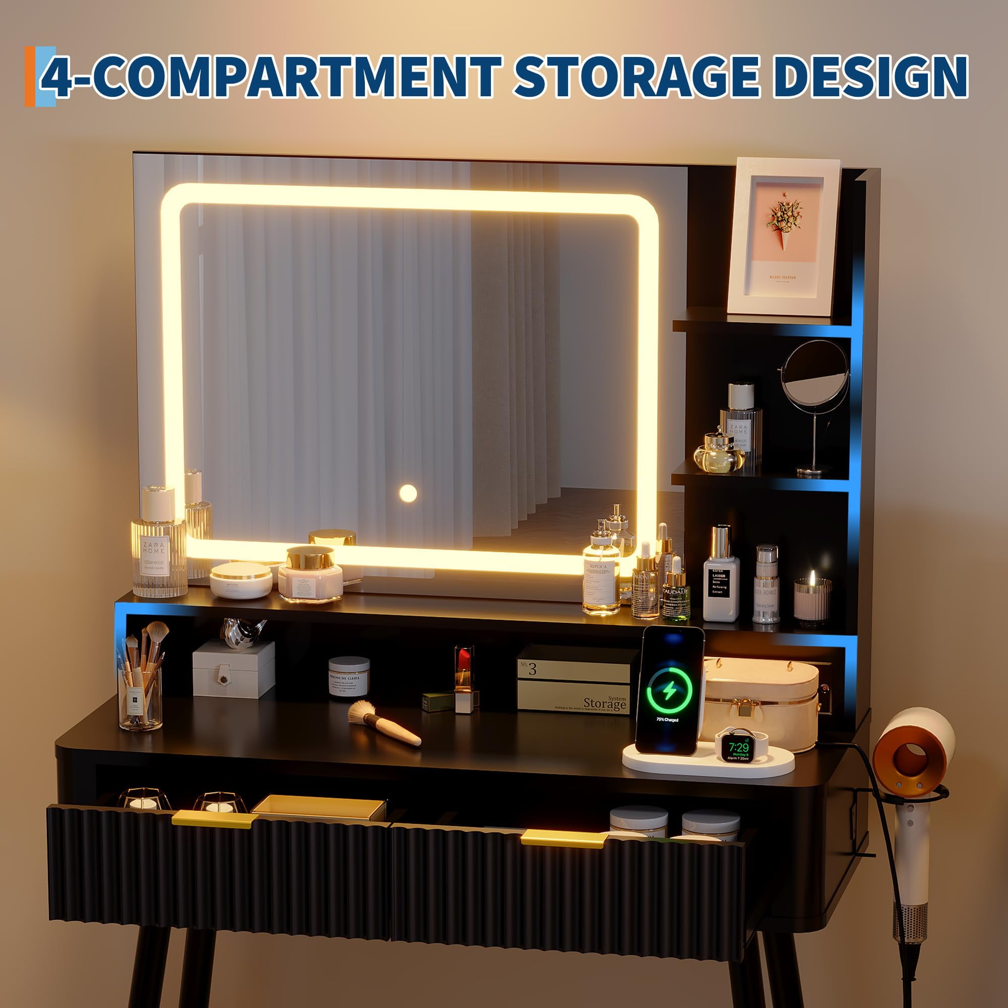 Fluted Vanity Desk with Mirror and Lights, 31 in Small Makeup Vanity Storage Cabinet & 2 Drawers, 3 Lighting Modes, Stylish Dressing Table for Bedroom