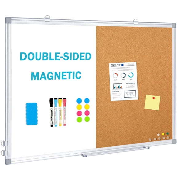 DOLLAR BOSS Combo Whiteboard for Wall 24"x18" Cork Board Whiteboard Bulletin Board Pin Board Wall-Mounted Dry Erase Magnetic White Board Combination Board with Markers, White Aluminium Frame