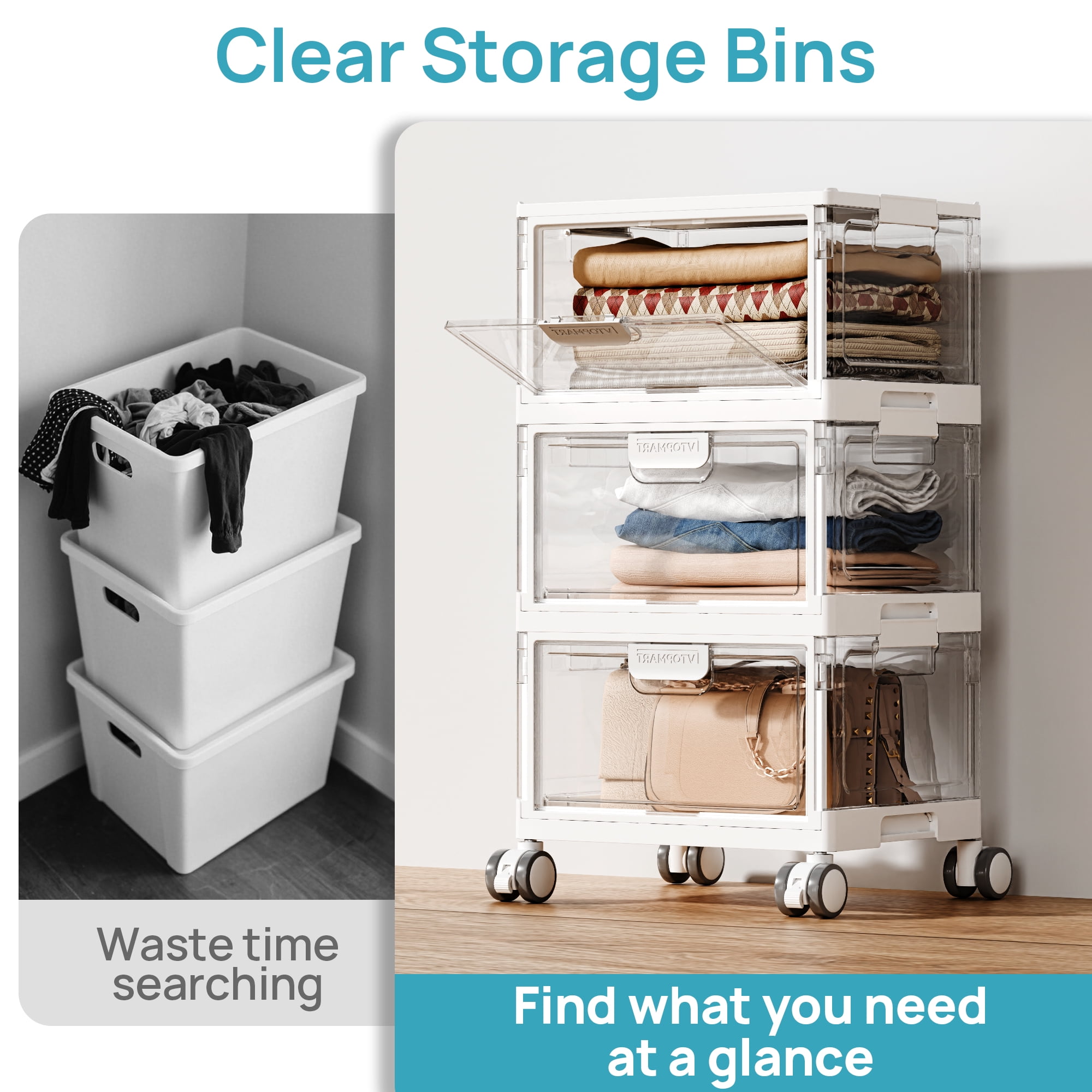 Sindcom 3-Layer Stackable Storage Bins, 72Qt Foldable Large Storage Containers with Lids, Storage Bins with wheels for Home Office Bedroom, Bathroom, White