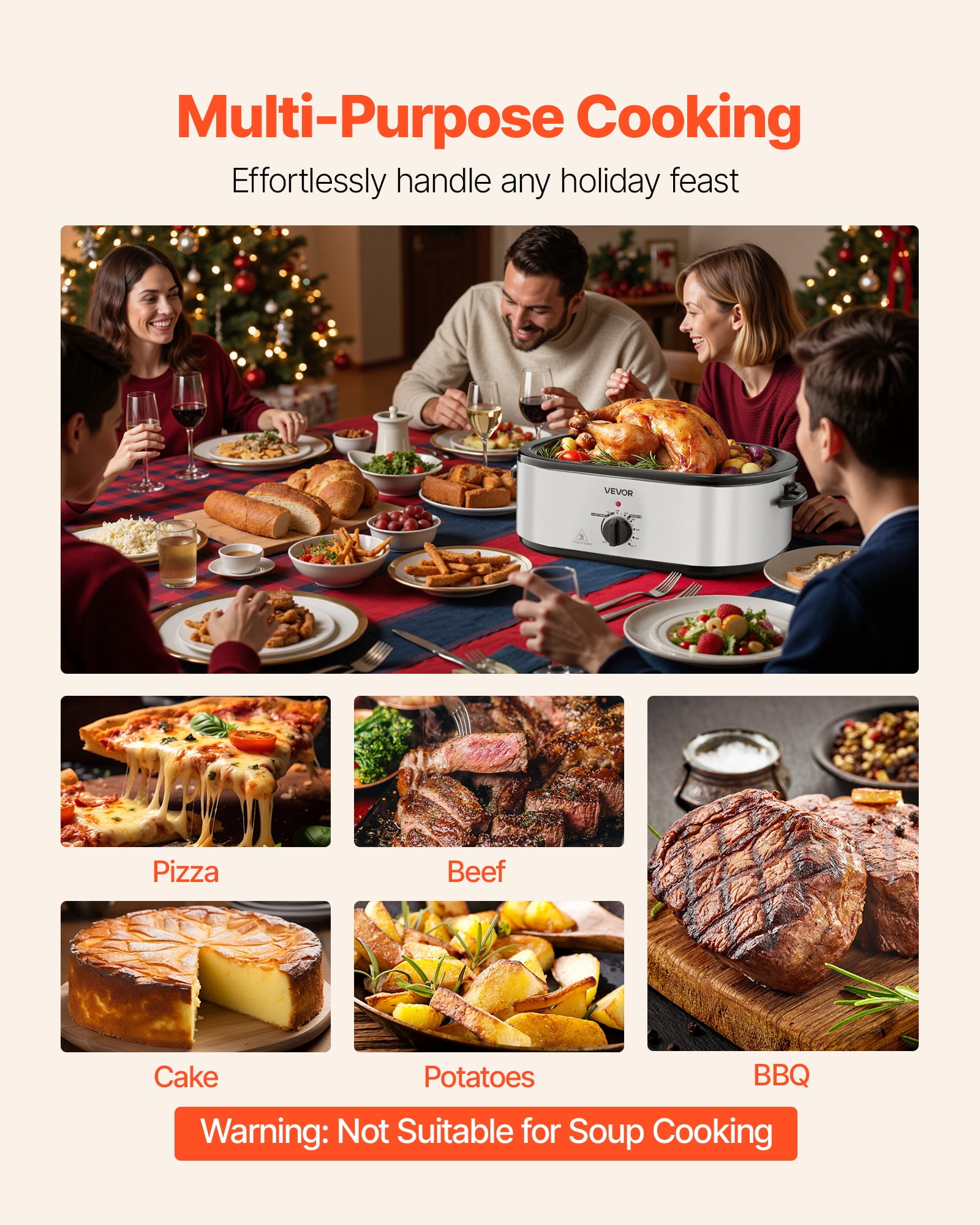 VEVOR Roaster Oven, 22QT Electric Roasting Pan,150-450℉ Adjustable Temperature Multifunctional Electric Roaster Oven with Self-Basting Lid, Defrost & Warm Function for Holiday Meal, Fits 26lb Turkey