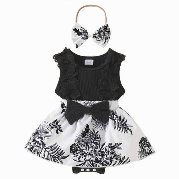 NIEWTR Baby Girl Romper Dress Embroidery Lace Flowers Baby Dress Romper Spring Summer Festival Clothes with Headband(Black,0-3 Months)