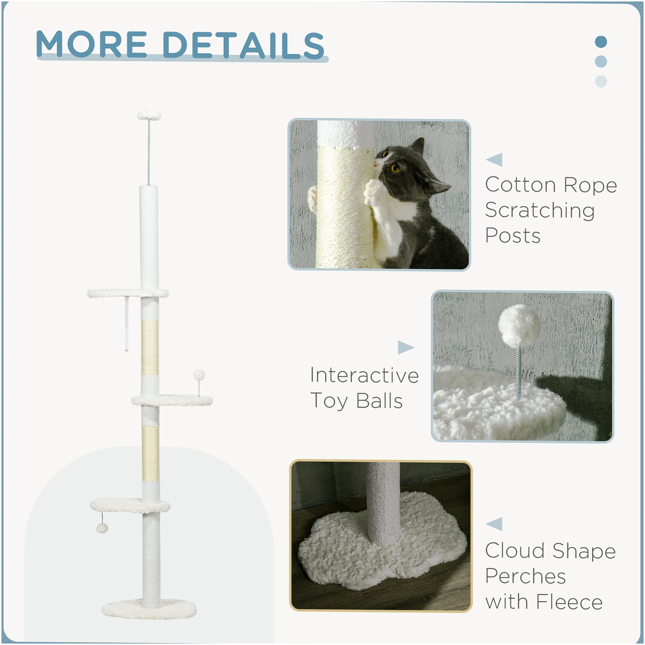JERFIT Adjustable Floor to Ceiling Cat Tree, 88.5"-100.5" Tall Cat Tower with Scratching Posts, Cloud Perches, Hanging Toys & Anti-Tip Safety Wall Mount for Indoor Cats, White