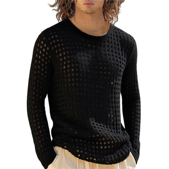 Breezora Men's Athletic Mesh Shirt Workout Summer Ventilated Fitness Top Knitted Long Sleeve Casual Tee for Gym L Size Black