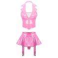 thumbnail image 3 of Conjunto de lencería de charol para mujer, ropa de discoteca con aspecto húmedo, chaleco con cremallera frontal y minifalda con volantes, tangas integradas, Clips de liga, 3 of 5