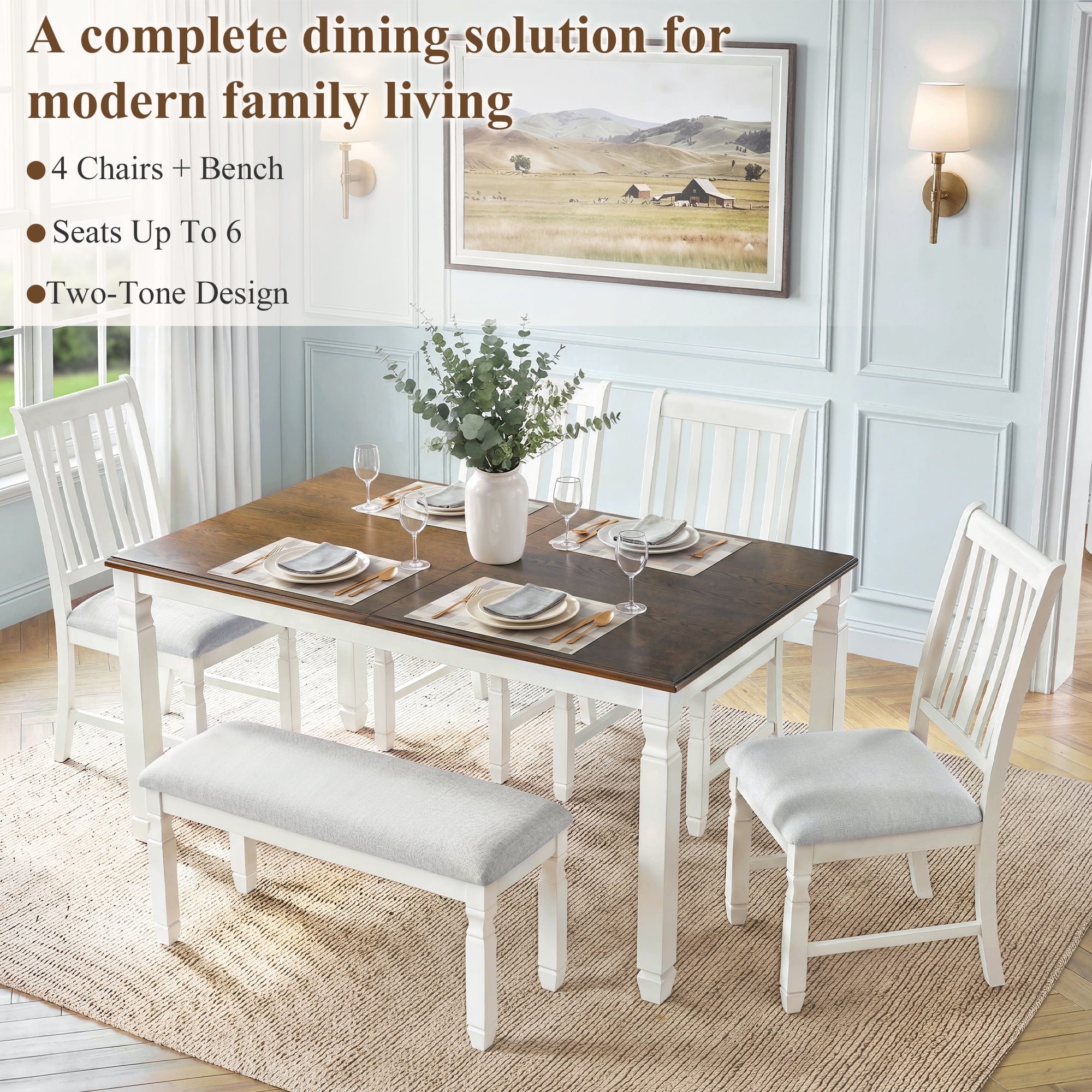 6-Piece Dining Table Set for 4, 77" Extendable Dining Table with 4 Upholstered Chairs and 1 Bench