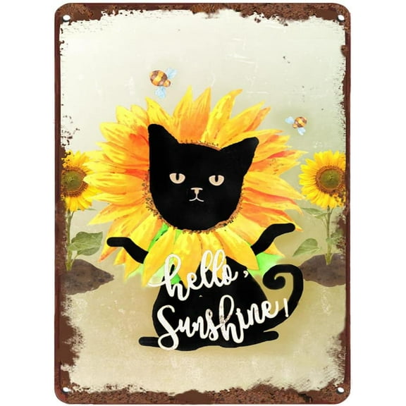 Hello Sunshine Rustic Sunflower Flower & Black Cat Vintage Tin Sign Farmhouse Wall Art Laundry Room Decor Metal Sign for Kitchen Living Room Bathroom Bedroom Classroom 12x16 Inches