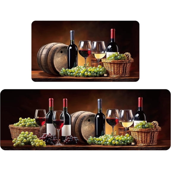 Wine Kitchen Rugs and Mats Set of 2 Grapes Wine Glass Rugs Non-Slip Washable Floor Mat Soft Cushion with Rubber Backing for Home Kitchen Restaurant Decor 30"x17"   47"x17"
