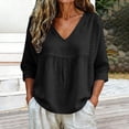 thumbnail image 4 of Lenpel Womens Cotton Linen Tops V Neck 3/4 Sleeve Solid Color Shirts Casual Loose Fit Fashion Lace Patchwork Blouses, 4 of 7