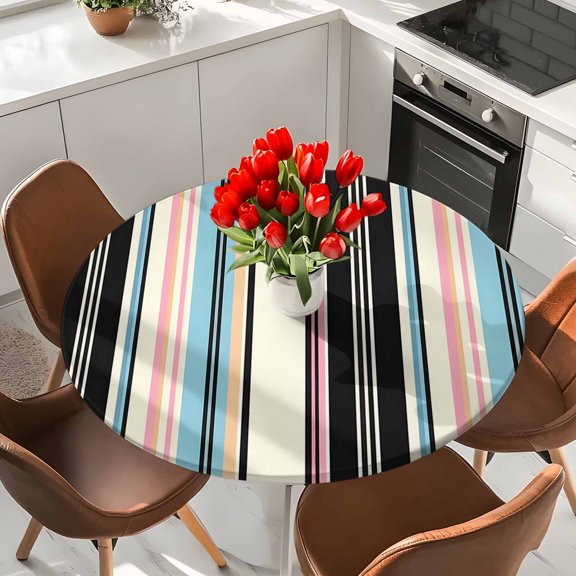 Blue Stripes Lines Elastic Fitted Round Tablecloth Pink Classic Vertical Striped Waterproof Outdoor Table Cover for Holiday Party, Picnic, Patio & Dining Fits Tables Up to 45"-54"