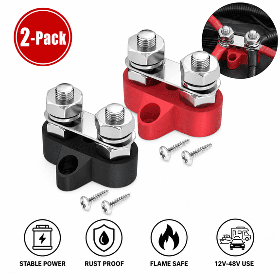 2-Pack M8 Dual Stud Power Distribution Block, 12V Battery Junction Terminal for Automotive, Marine, RV