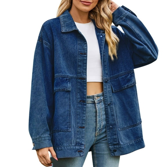 Breezora Women's Classic Loose Fit Denim Jacket Retro Versatile Lapel Button Down Casual Top L Size Dark Blue
