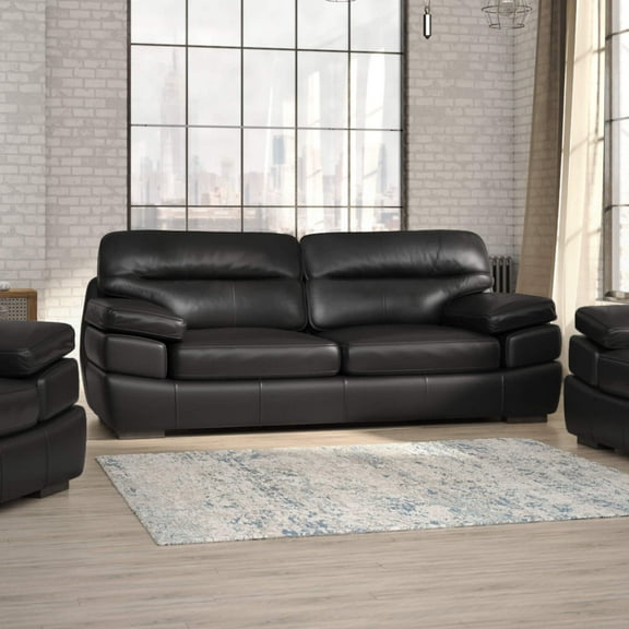 Leather Sofa 89" Wide, Top Grain Leather Couch, Comfortable Stationary Sofa, Black Living Room Furniture