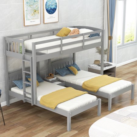 Twin Over Twin & Twin Bunk Bed with Built-In Middle Drawer  Gray