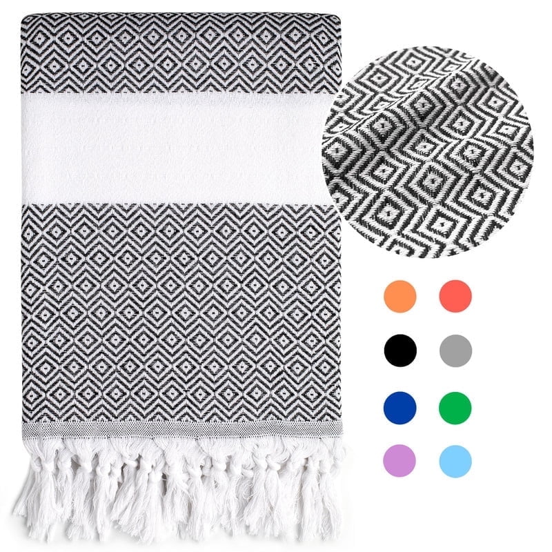 Ouxiaobai Turkish Beach Towels Oversized - 39x71 Inch Quick Dry Large Pool Towel, Thin Lightweight Compact for Travel, Large Cotton Woven Towel with Tassels (Black)