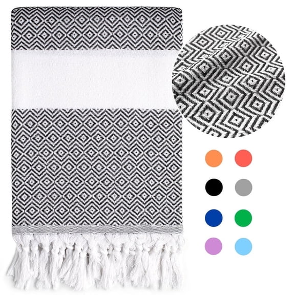 Ouxiaobai Turkish Beach Towels Oversized - 39x71 Inch Quick Dry Large Pool Towel, Thin Lightweight Compact for Travel, Large Cotton Woven Towel with Tassels (Black)