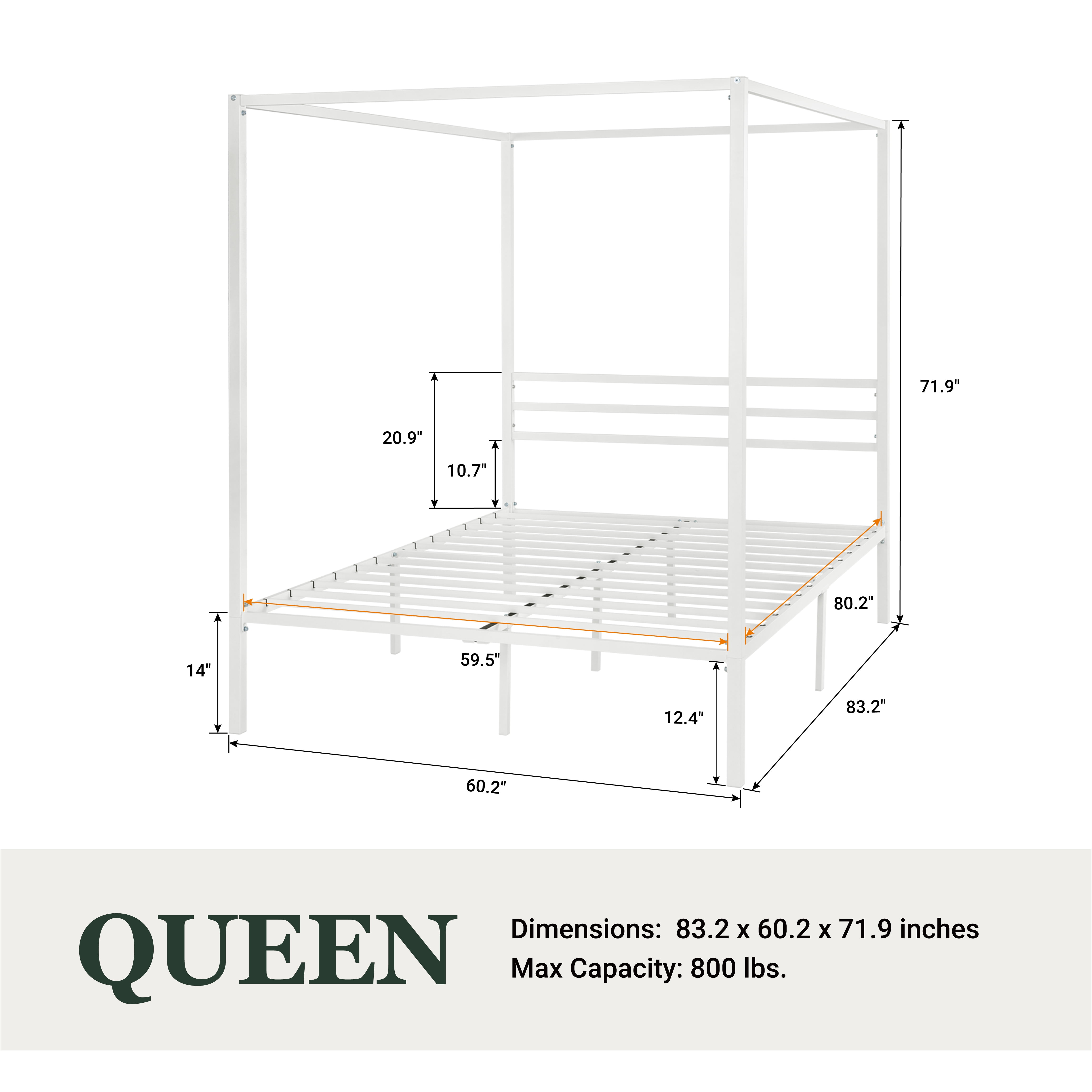 Amolife Queen Bed Frame, Canopy Bed with Metal Headboard, No Box Spring Needed, White