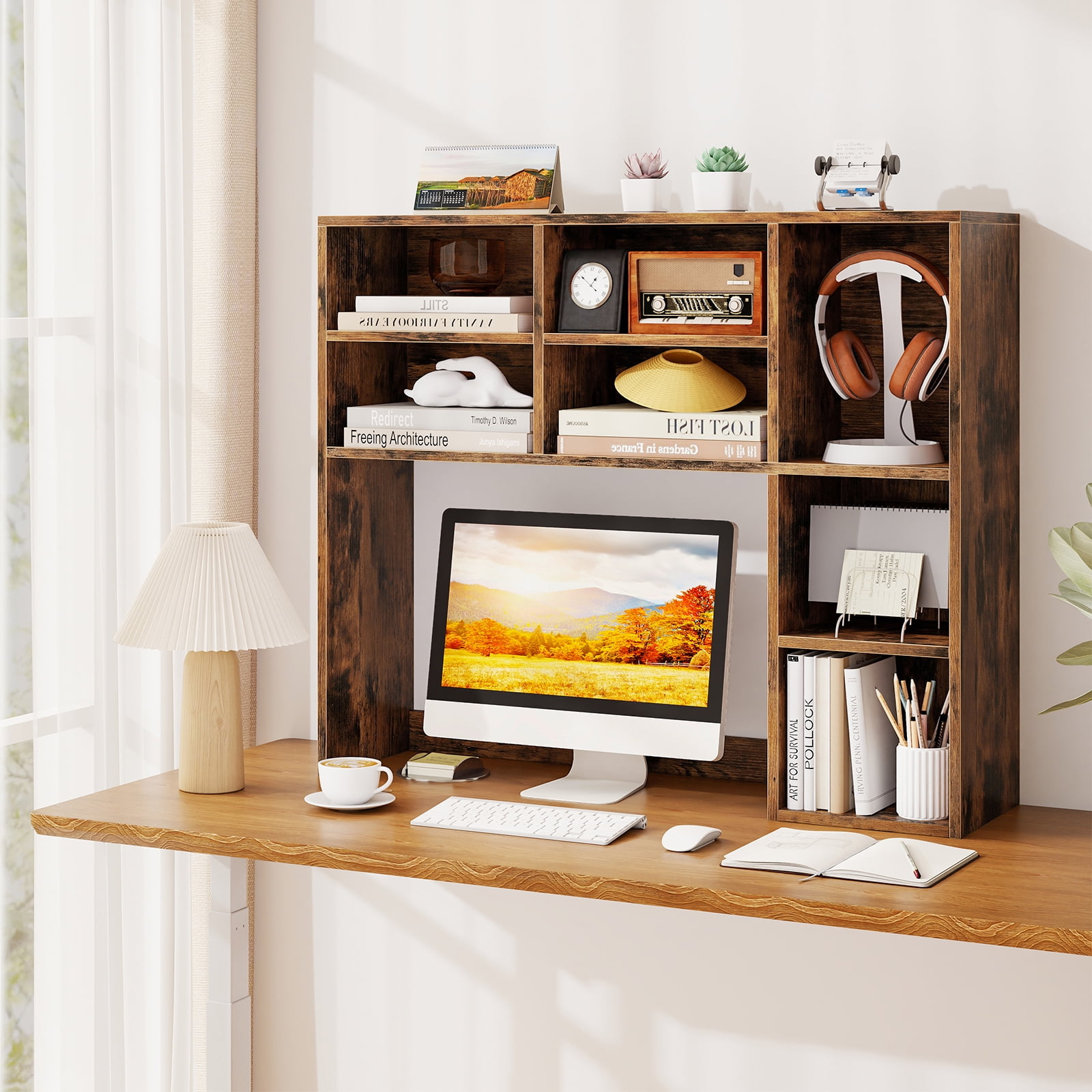 Topbuy Desktop Bookshelf 37" Countertop Storage Hutch with 7 Cubes & 3 Adjustable Shelves 3-Tier Desk Display Rack Organizer Desktop Hutch Brown