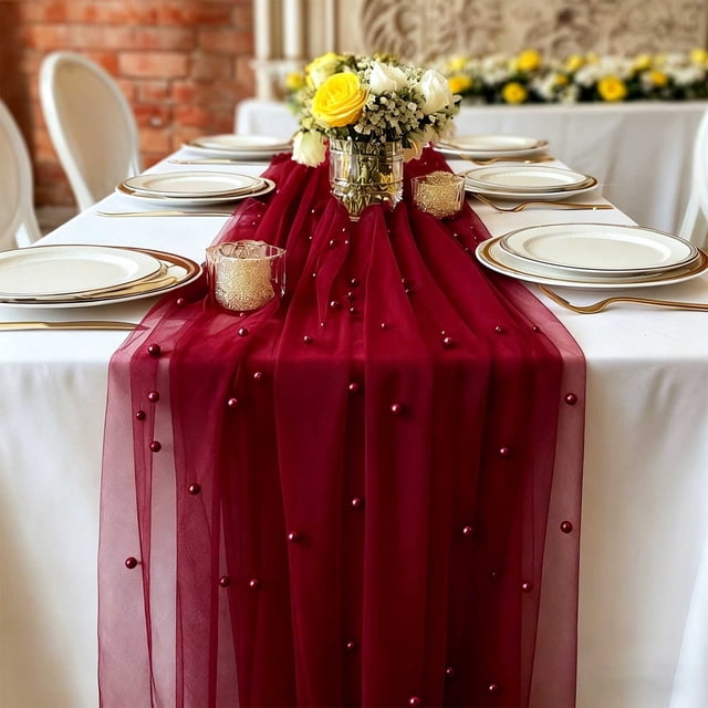 Camino de mesa, camino de mesa de boda de poliéster perlado transparente de 29,52 x 118,11 pulgadas, mantel largo elegante para decoración de fiestas y fondos de eventos en casa
